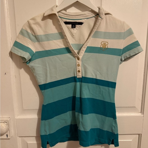 Tommy Hilfiger Teal and White Striped Button Down Shirt - Picture 4 of 5
